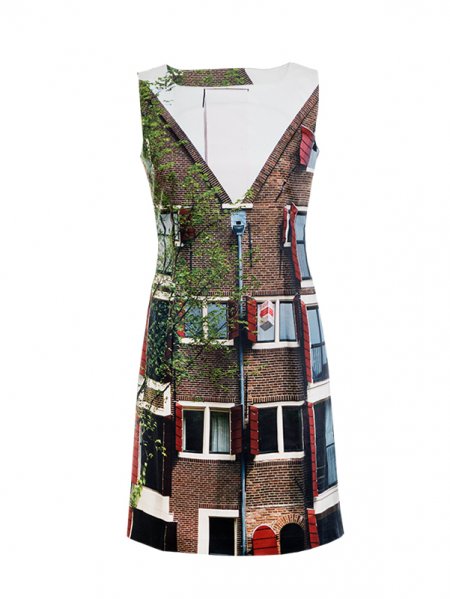 Designer Fotoprint Kleid mit Motiv Haus in Amsterdam