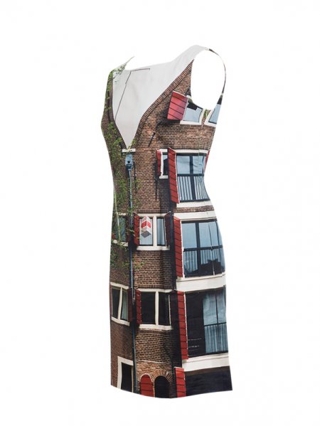 Designer Fotoprint Kleid mit Motiv Haus in Amsterdam