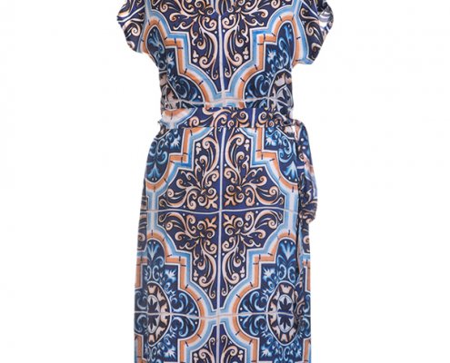 Designer Fotoprint Kleid von blau-weisser Kachelwand