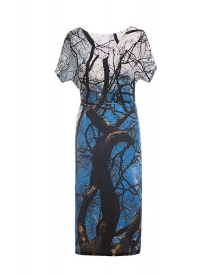 Designer Fotoprint Viskosekleid mit Baumästen und blauem Himmel