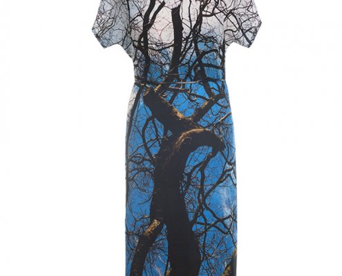 Designer Fotoprint Viskosekleid mit Baumästen und blauem Himmel