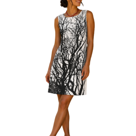 Baumwolle Etuikleid mit Fotoprint-Motiv von Baumverzweigungen schwarz weiss