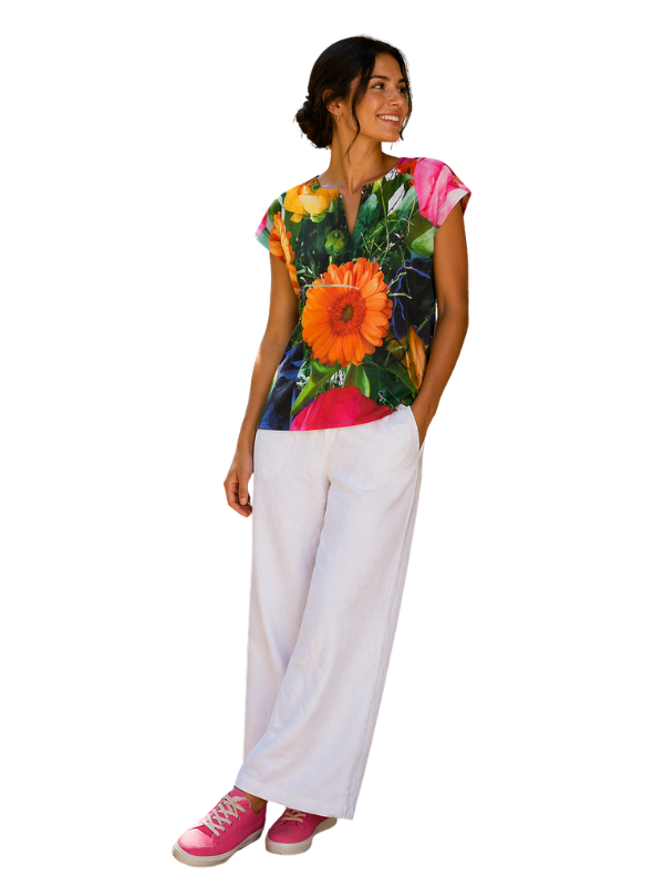 Baumwolle Bluse mit Fotoprint-Motiv eines bunten Blumenstrausses