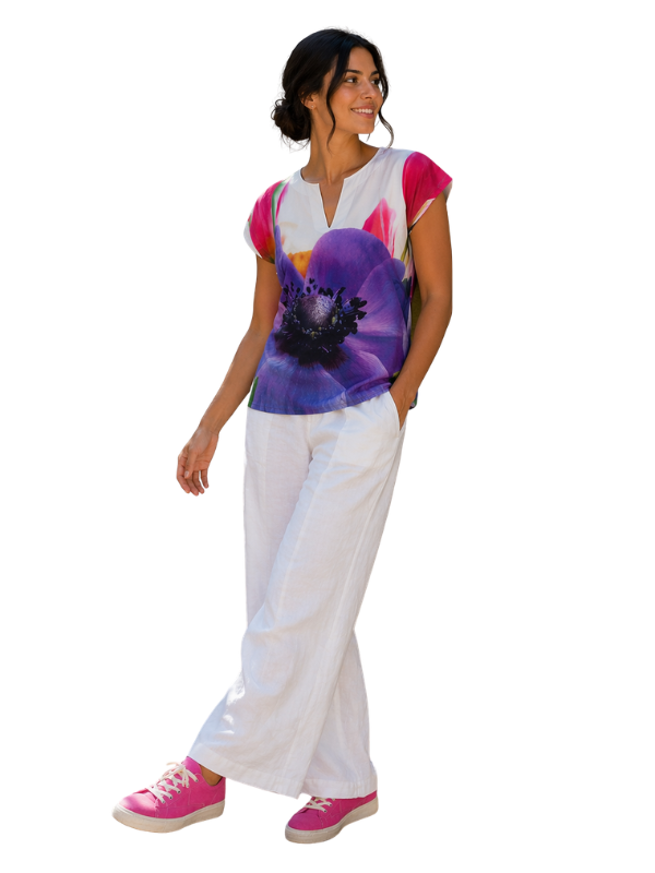 Baumwolle Bluse mit Fotoprint-Motiv einer lila Blume