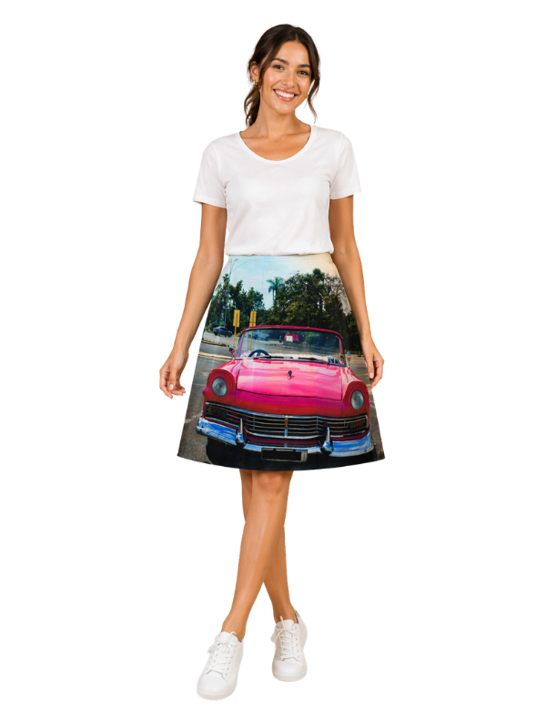 Bamwolle Rock mit Fotoprint Motiv eines pinken Oldtimers in Havanna