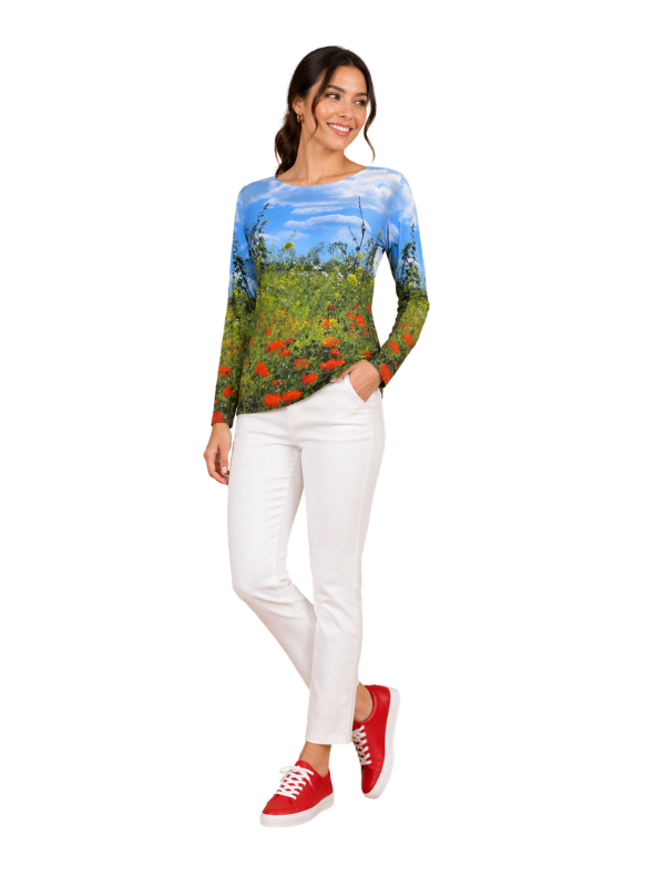 Langarm-Shirt mit Fotprint-Motiv einer Mohnblumenwiese
