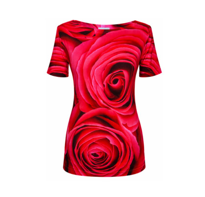 Viskose Jersey Shirt mit kurzen Ärmeln mit Fotoprintmotiv roter Rosenblüten