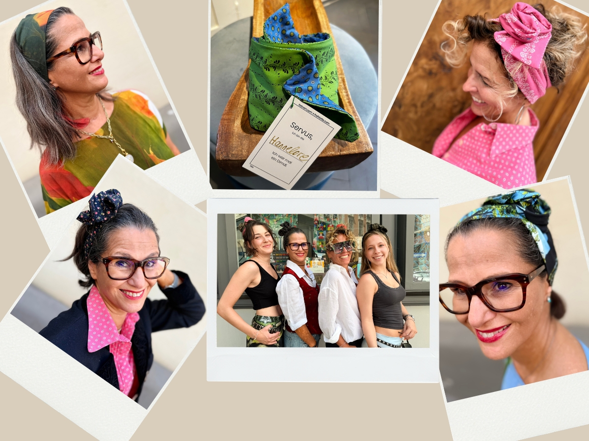 Collage mit Frauen, die Dirndl-Haarbänder als Masche oder Rose tragen, einem grün-blauen Haarband mit Etikett und einem Gruppenfoto vor dem fabrari-Kiosk.